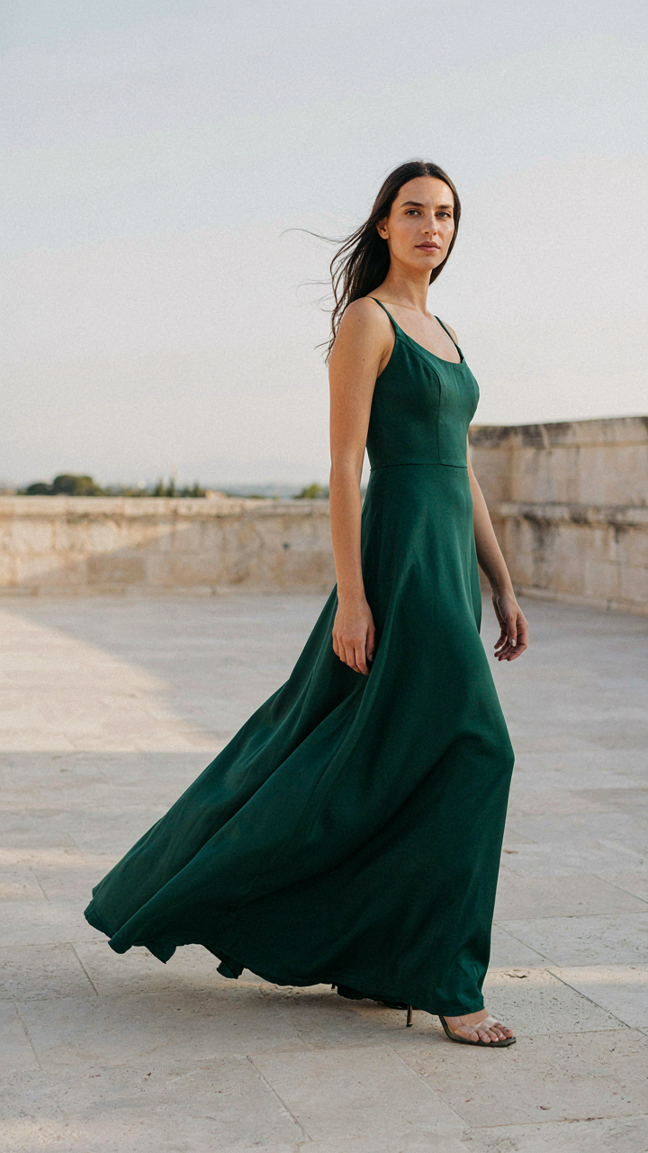 A woman in a long silk dress demonstrates fabric movement while stepping.