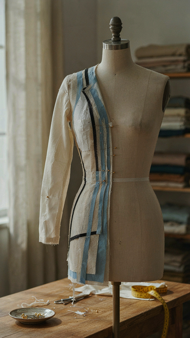 Tailor's dummy shows internal garment structures and adhesive supports.