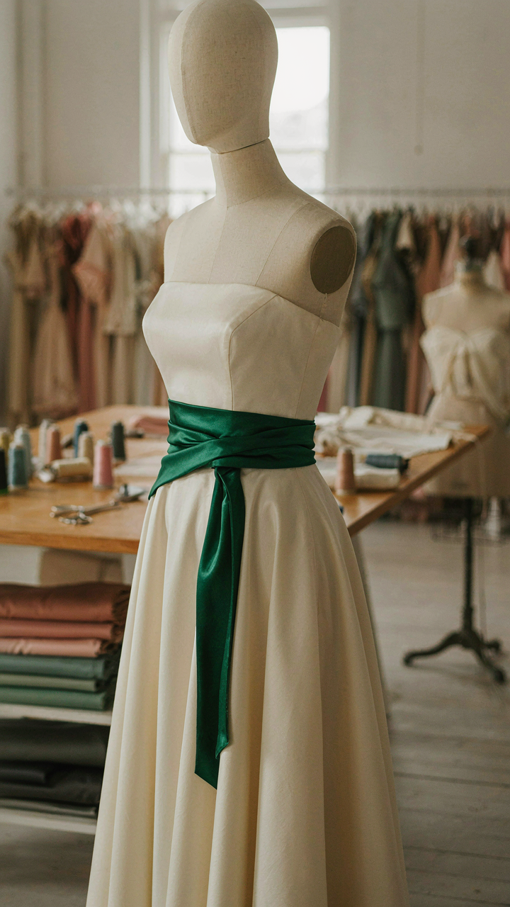 A close-up of a mannequin in an elegant dress with a bold, jewel-toned sash.