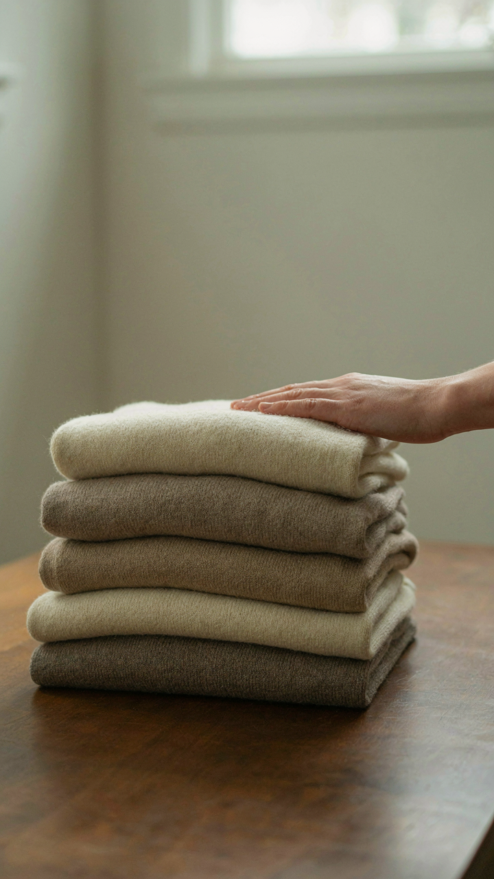 Stacked cashmere sweaters in cream, beige, and taupe tones on a wooden surface.