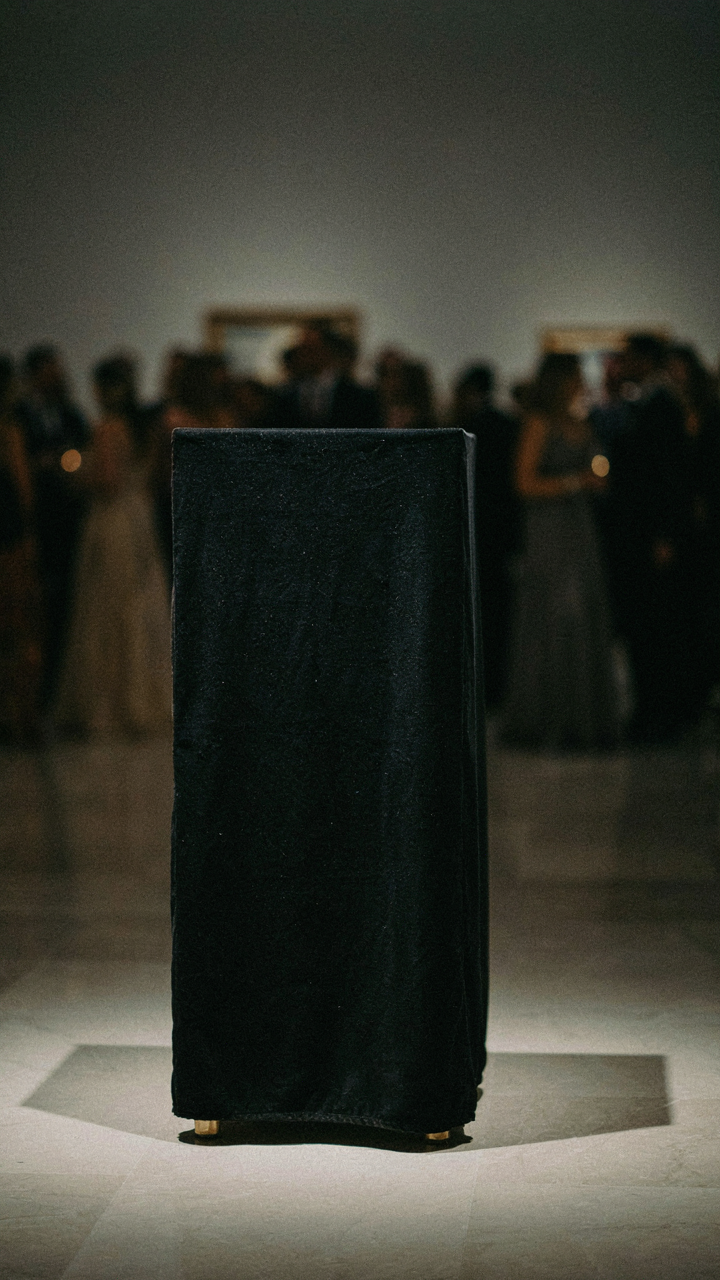 A spotlight shines on an empty, luxurious black velvet pedestal.