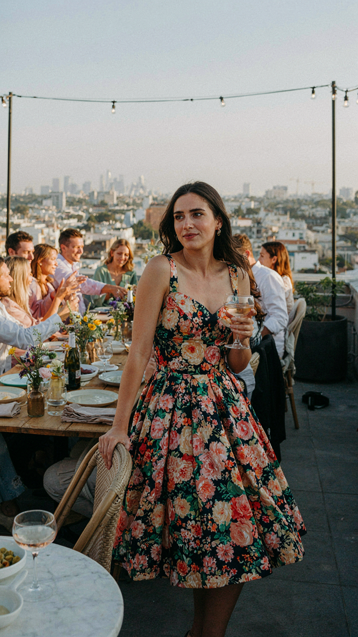 A woman wears a bold floral cocktail dress at a sunny outdoor party.