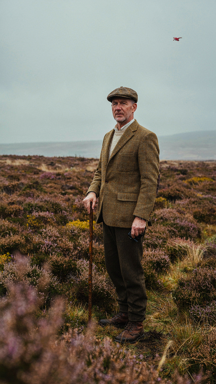 A Scottish gamekeeper in a tweed jacket stands in a misty landscape.