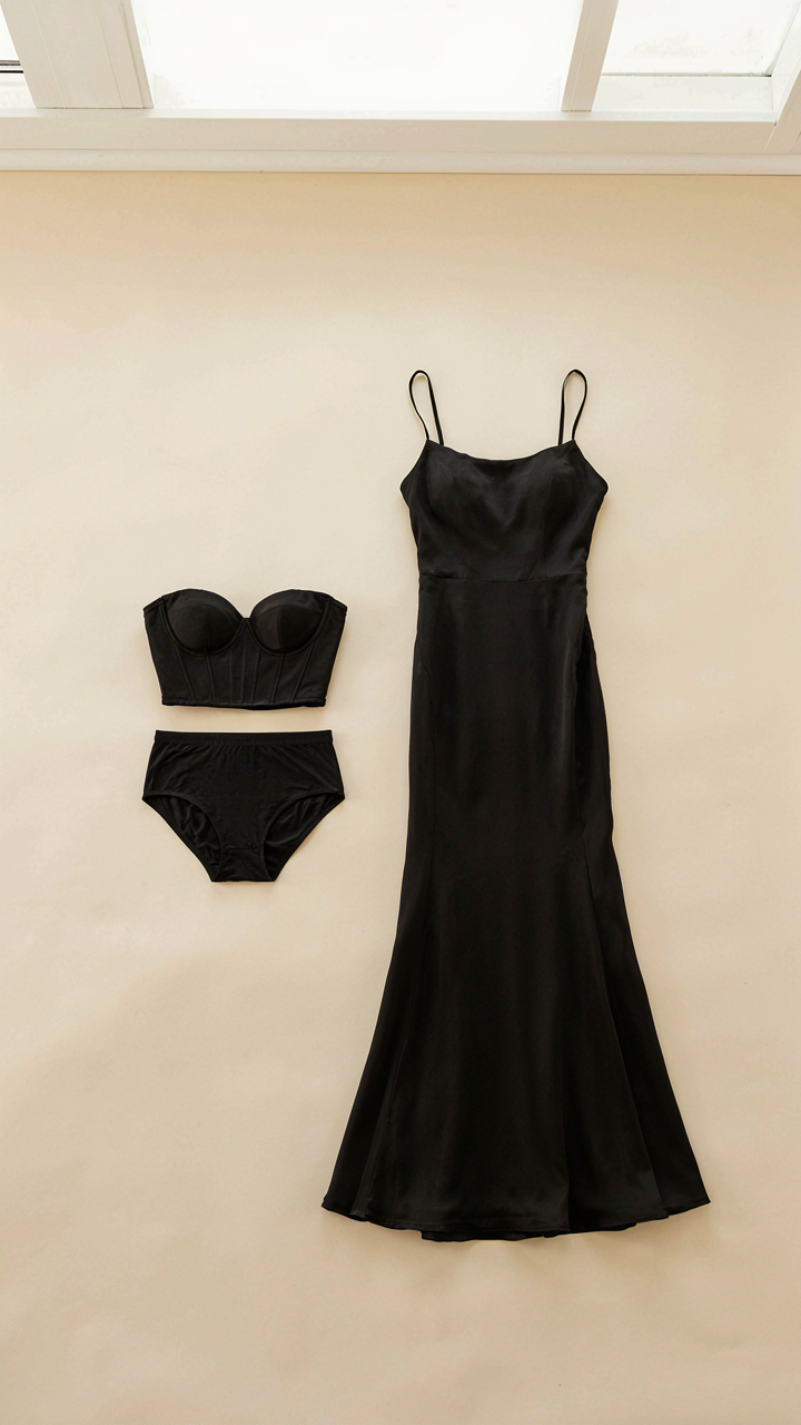 A strapless bustier and high-waisted briefs laid next to a gown.