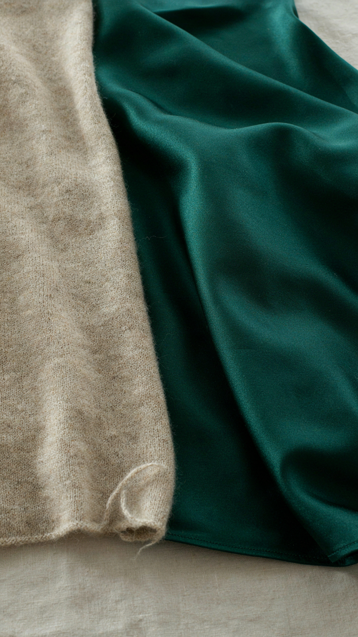 Close up shows a fine merino wool thermal layered beneath a silk dress.