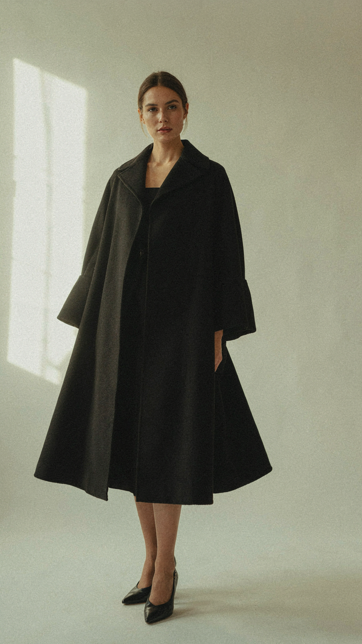 A woman in a dark evening cape creating a powerful, expanded silhouette.