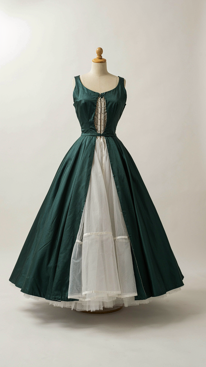 Cross-section diagram showing internal boning and petticoat of a 1950s cocktail dress.
