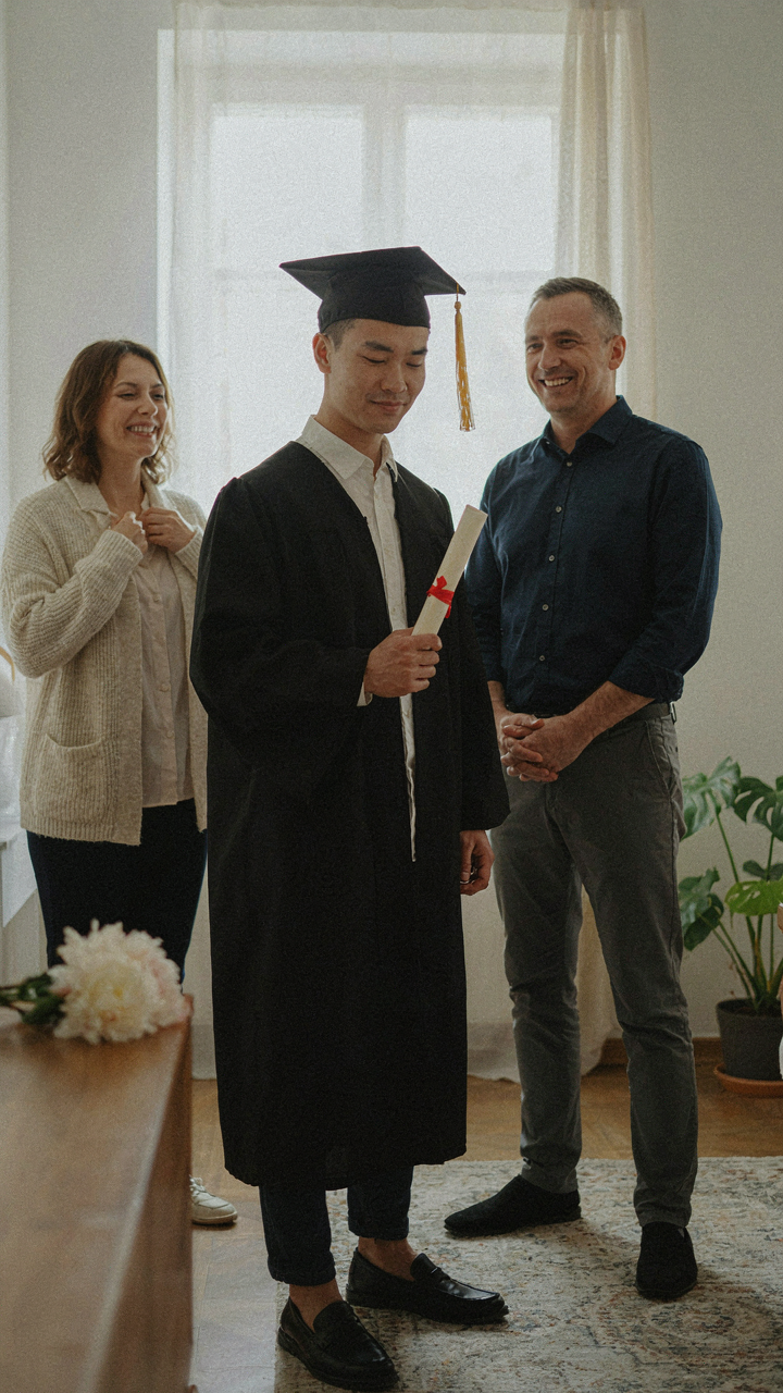 Family members happily focusing on a graduate, not judging their own graduation dinner dress.