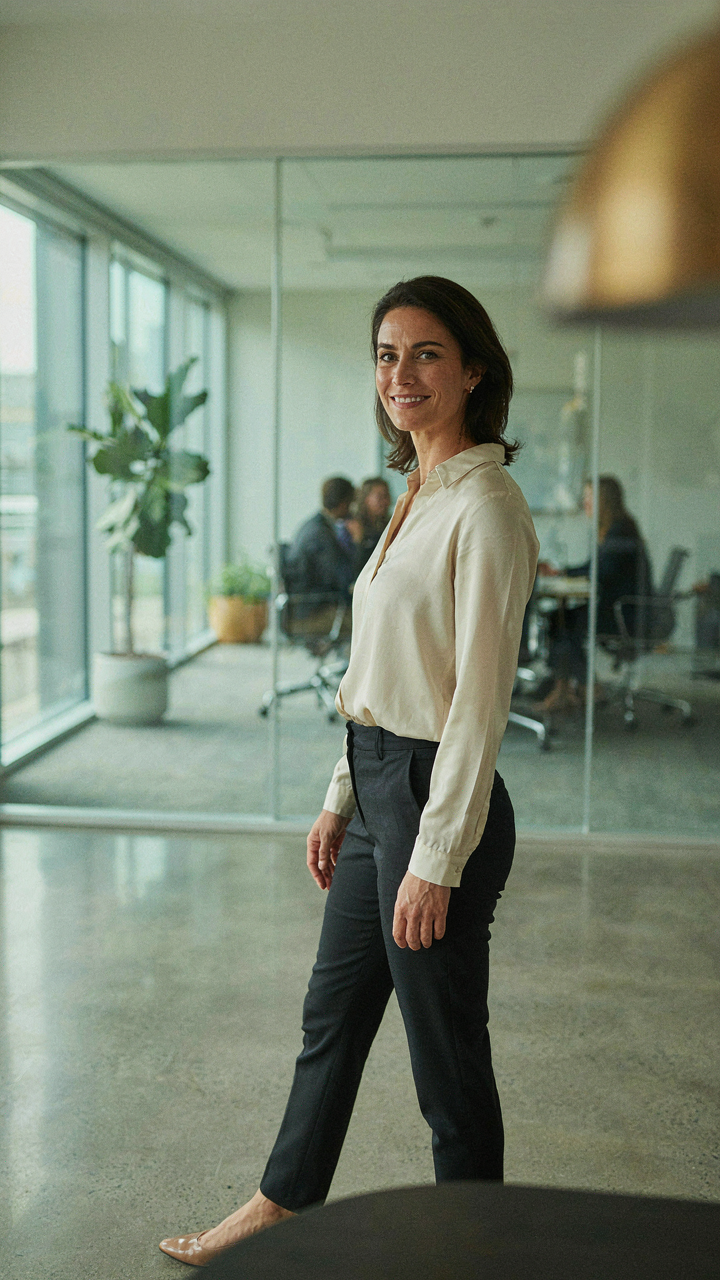 A confident person making direct eye contact in a professional setting.