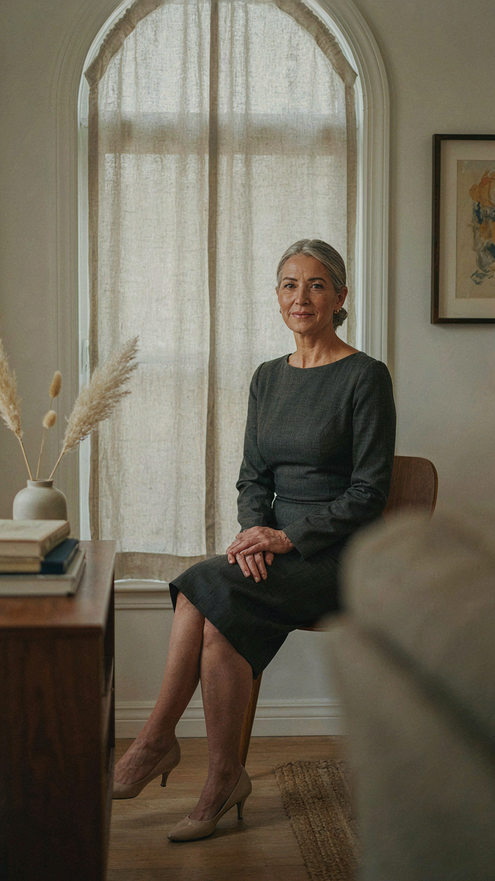A woman over 60 sitting comfortably in a tailored sheath dress.