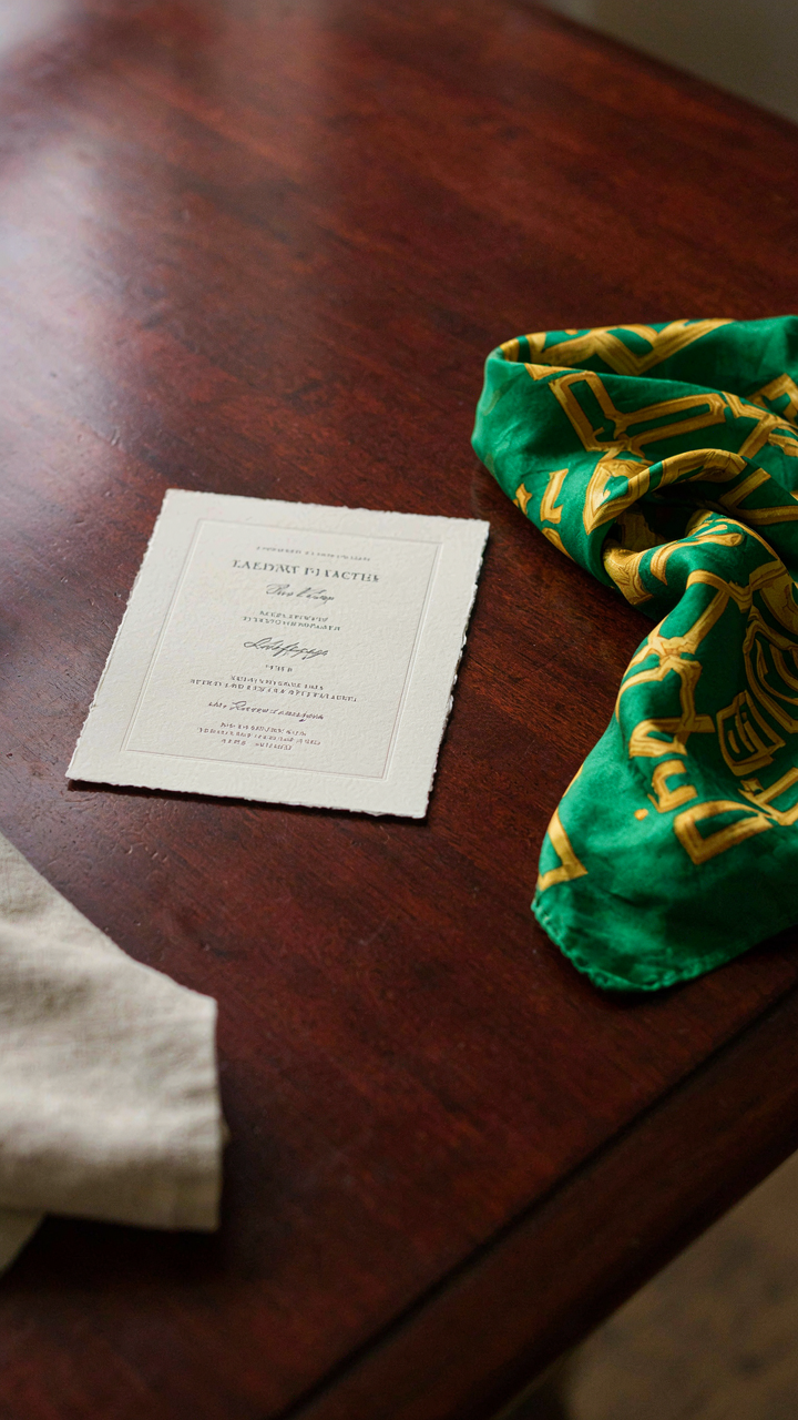 A formal invitation card on a table, with a bold silk scarf nearby.