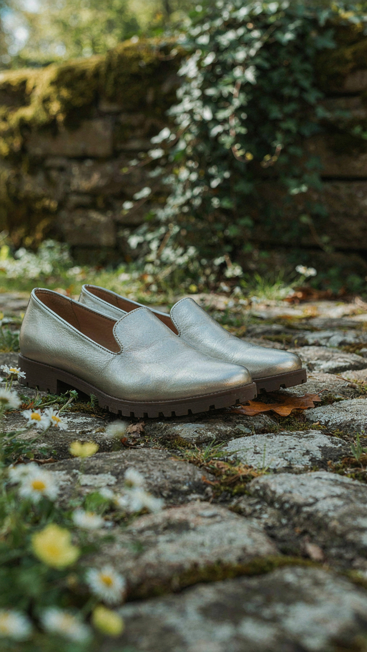 Metallic leather flats with a good grip on a cobblestone path.