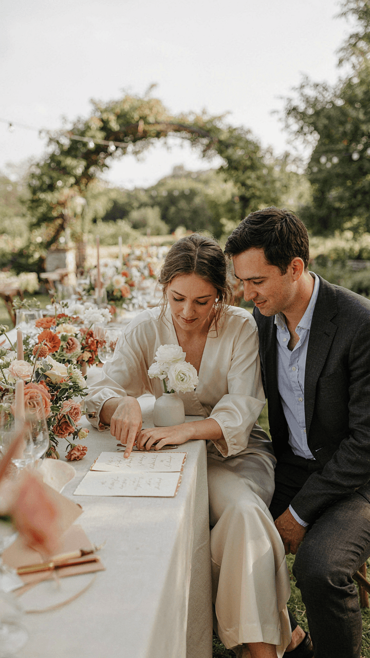 A couple studies a wedding invitation, deciphering dress code instructions.