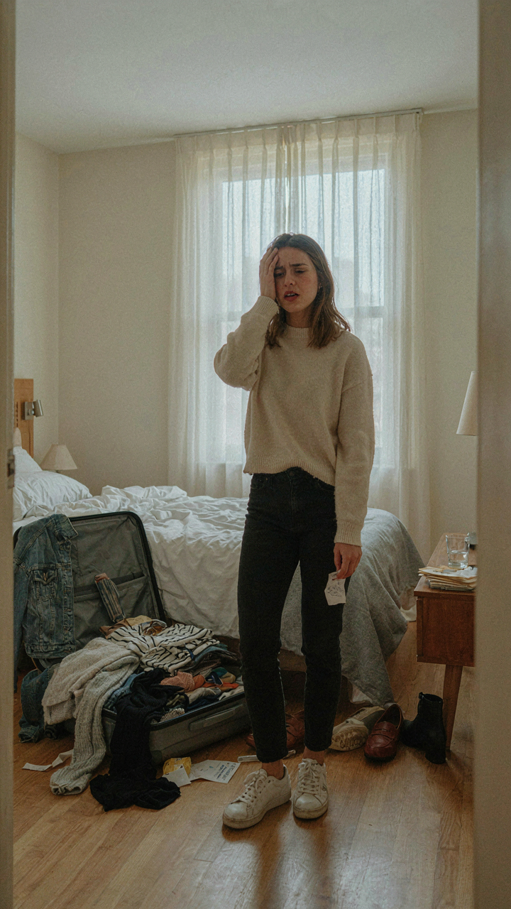 A woman looks stressed in a hotel room with an overflowing suitcase and clothes scattered.