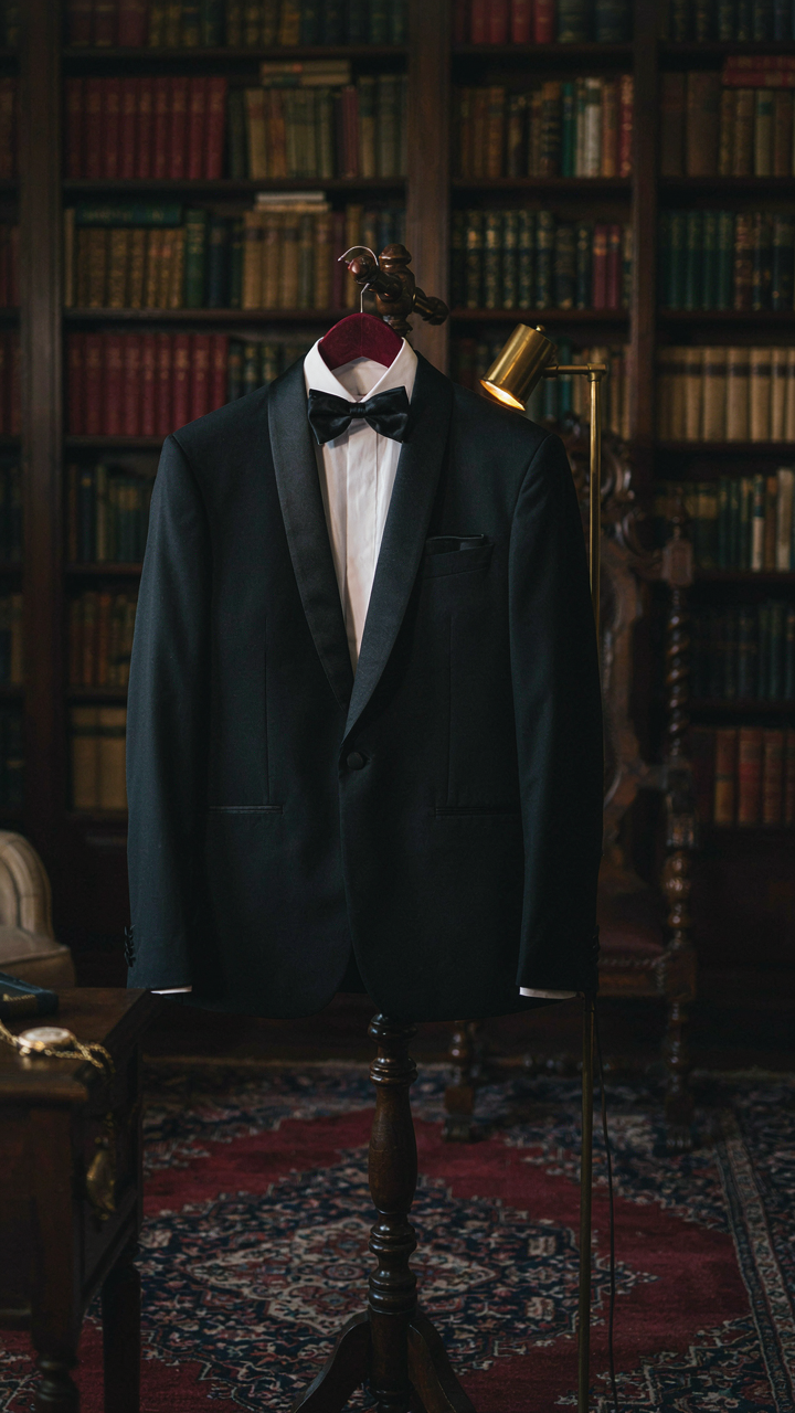 A perfectly tailored black tuxedo jacket hangs on a velvet hanger.