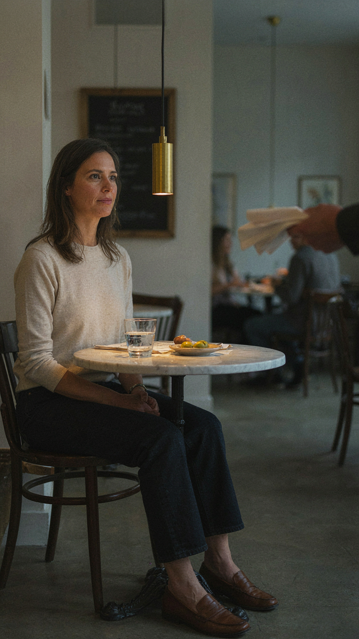 A confident person making eye contact with a server in a restaurant.