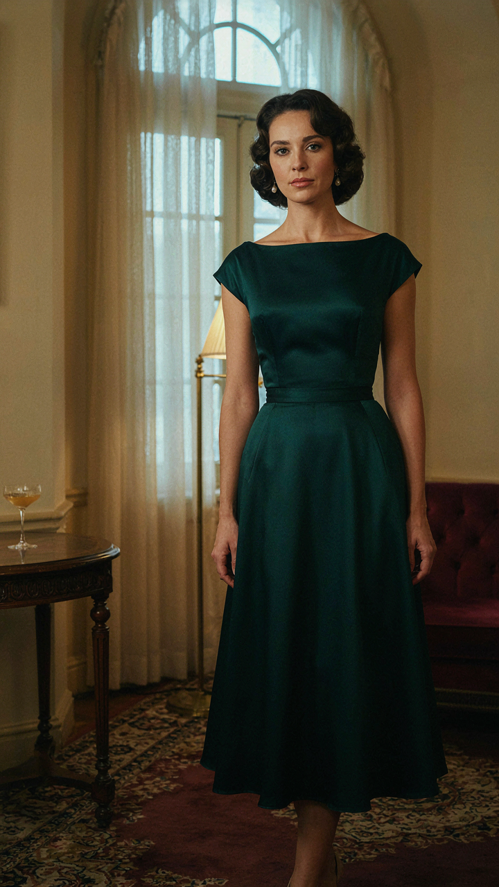 Woman in a sophisticated 1950s cocktail dress with a high bateau neckline.