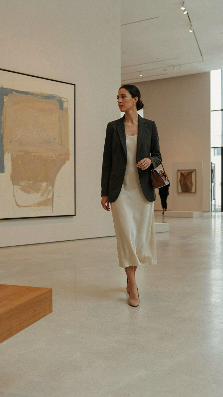 A woman in a tailored semi formal dress and blazer walking through an art gallery.