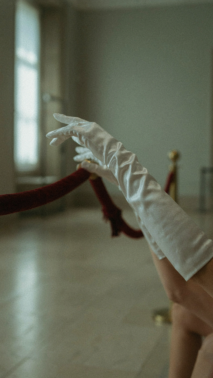 A gloved arm reaching towards a velvet rope in a museum.