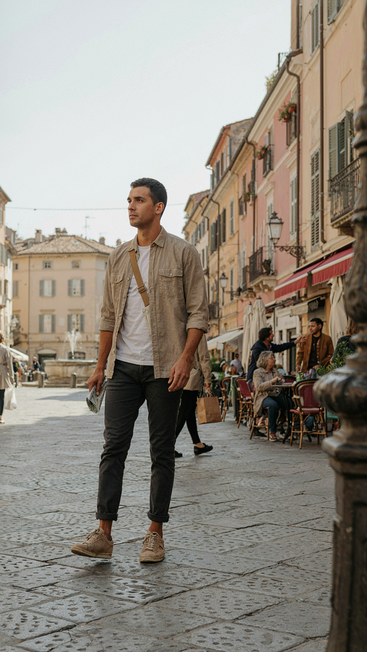 A confident solo traveler in comfortable solo travel outfits for city exploring walks through a