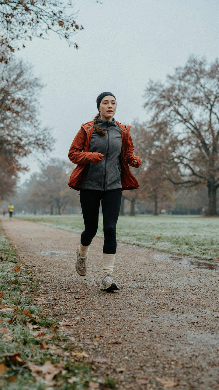 A person jogs in a layered outfit on a cold morning.
