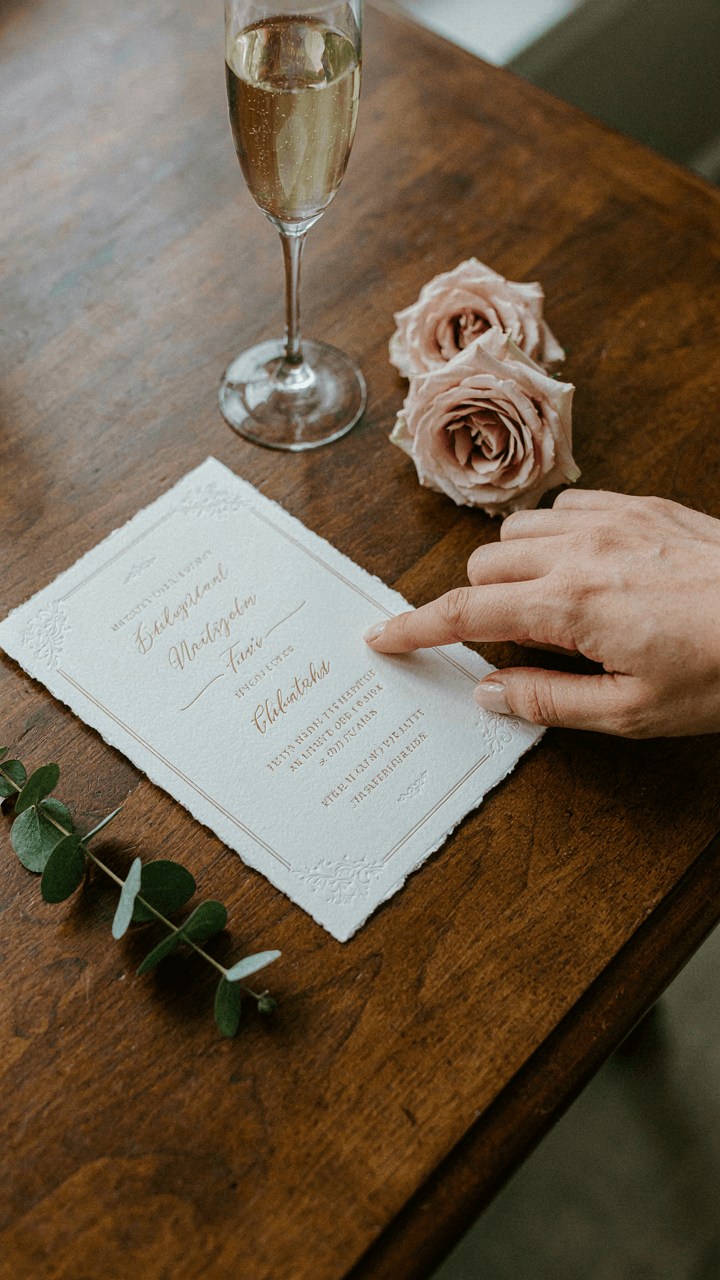 A hand points to specific details on a garden wedding invitation.