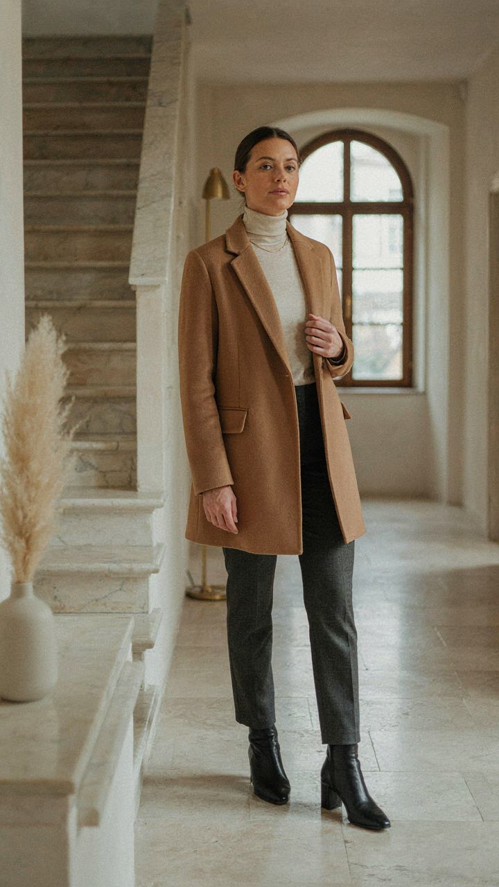 Woman confidently stands in a sleek, well-layered formal winter outfit indoors.