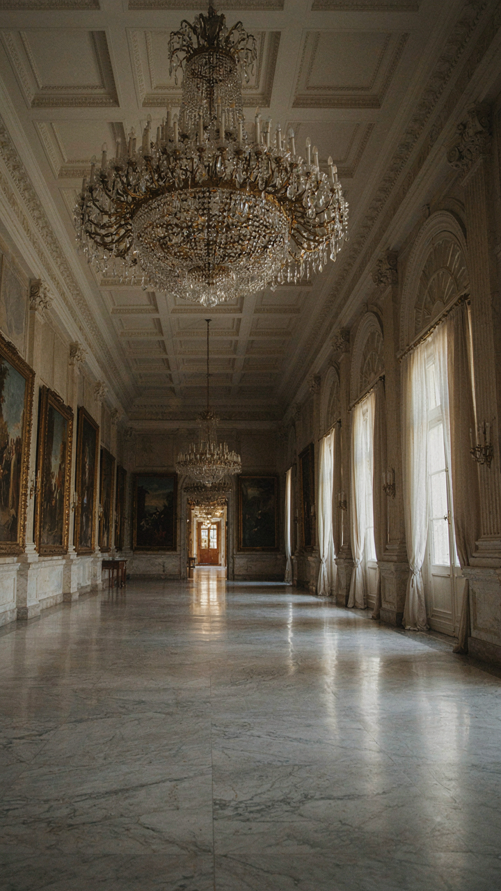A grand ballroom with marble floors, oil paintings, and crystal chandeliers.