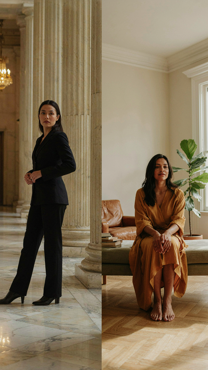 Two people in different festive attire, one in a grand lobby, one in a home.