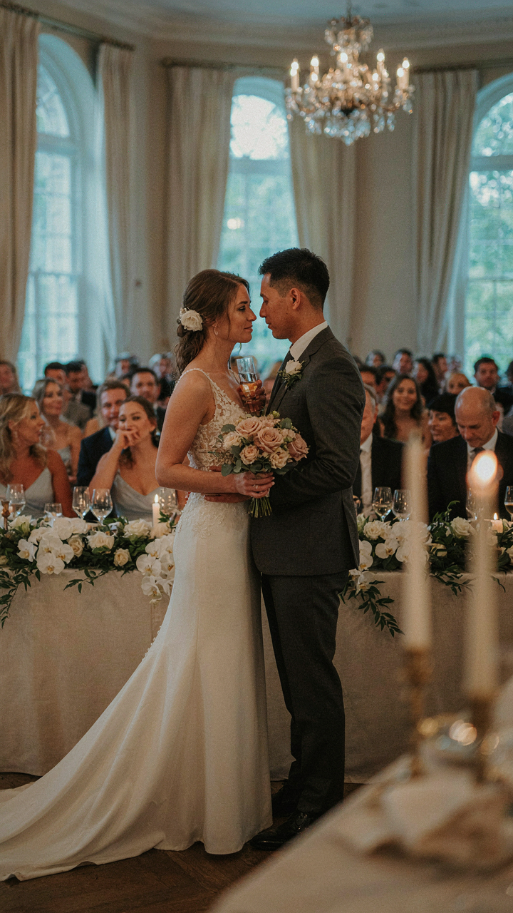 A wedding reception with the couple in the foreground and blurred guests behind.