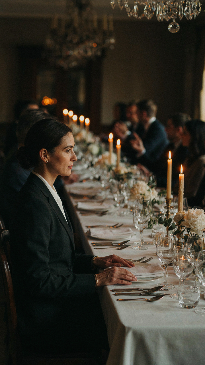 A woman's tailored dark business formal suit is clear at a dimly lit formal dinner.