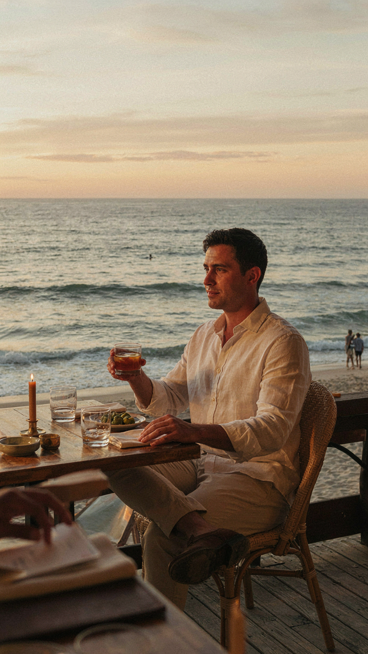 A man in resort formal attire at a beachfront restaurant.