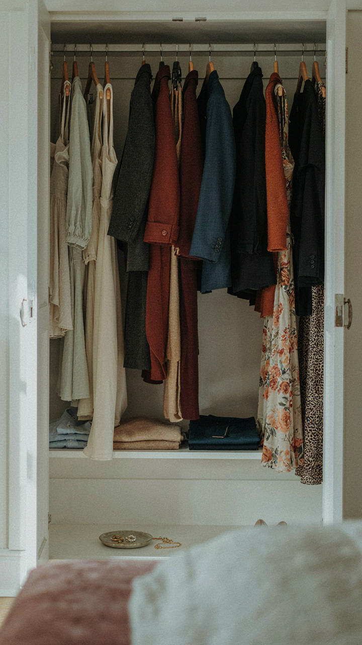 A closet shows summer linens, heavy wools, and transitional clothing.