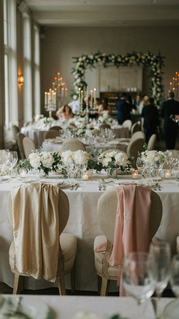 An elegant silk charmeuse shawl folded on a chair back at a reception.