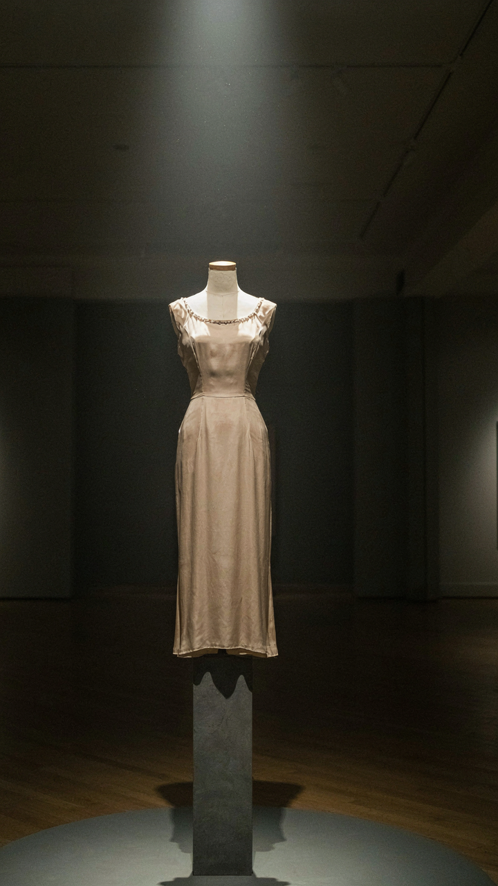 A vintage cocktail dress from the 1930s displayed in a museum.