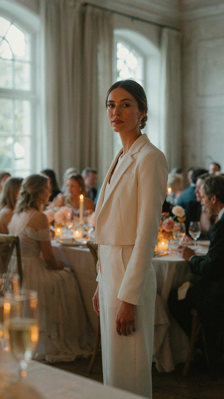 A woman with confident posture wears a tailored wedding guest two piece set.