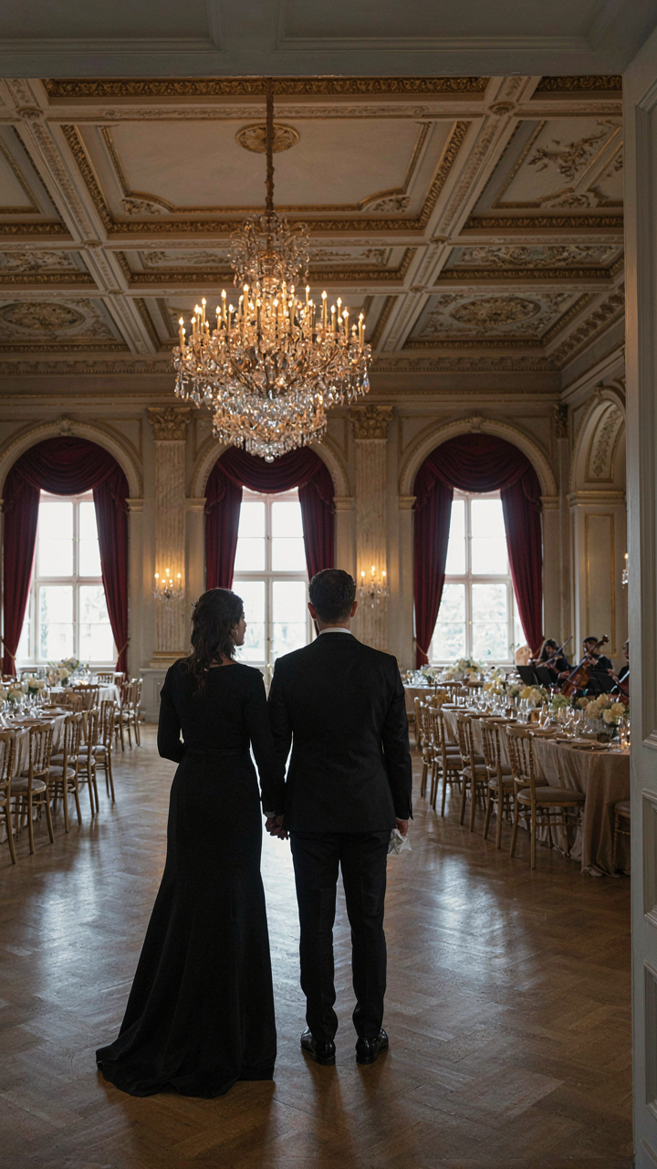 A couple in black-tie attire looks into a grand ballroom.