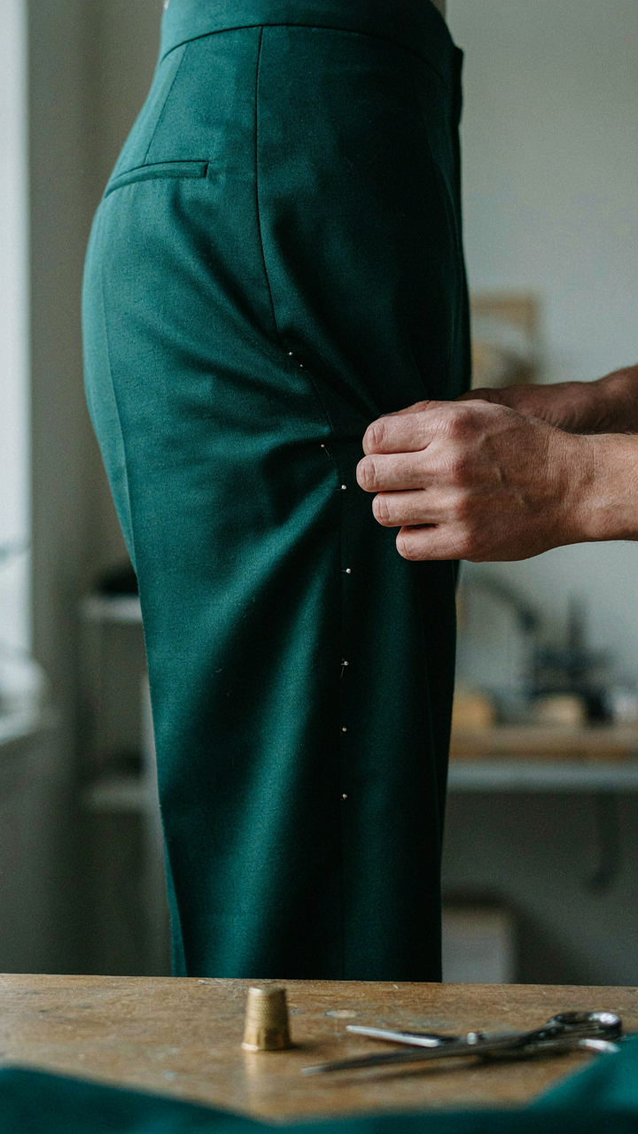 Tailor's hands adjusting the fit of satin pants on a mannequin.