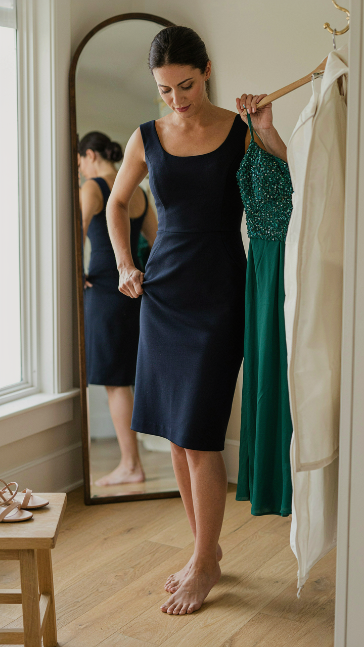 A woman quickly changes from a plain dress to a jewel-toned cocktail dress.