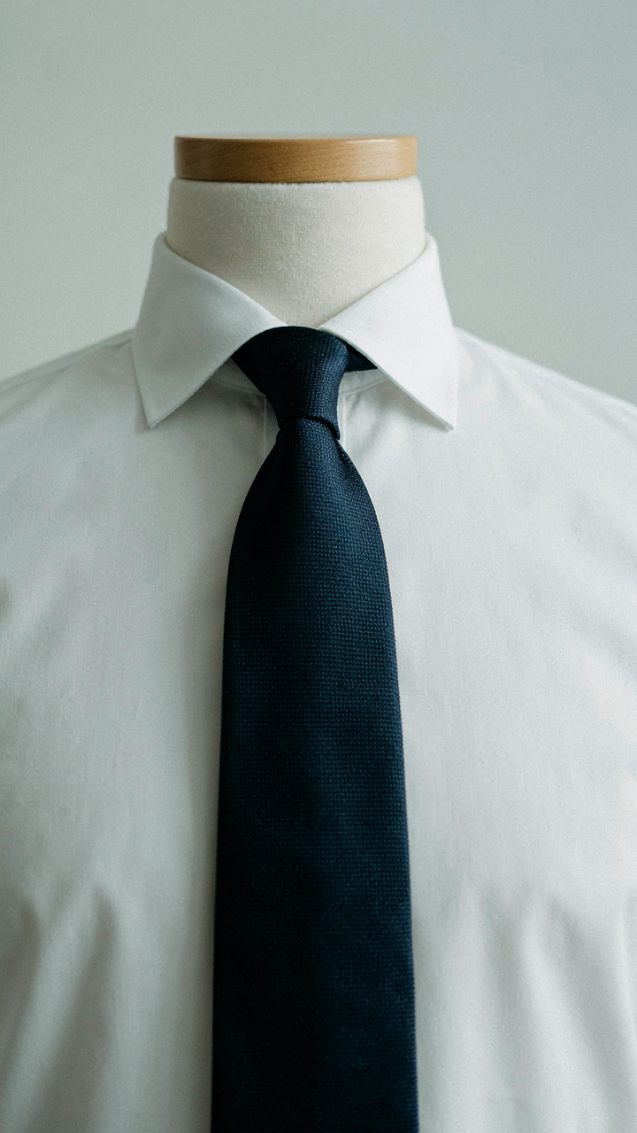 A close-up of a formal silk tie with a subtle weave on a white shirt.