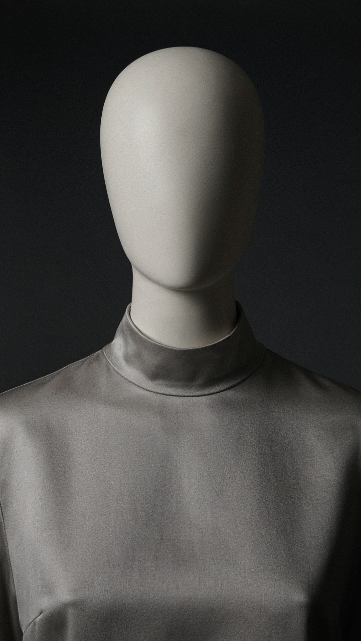 A metallic high crewneck on a mannequin head shows concentrated light.