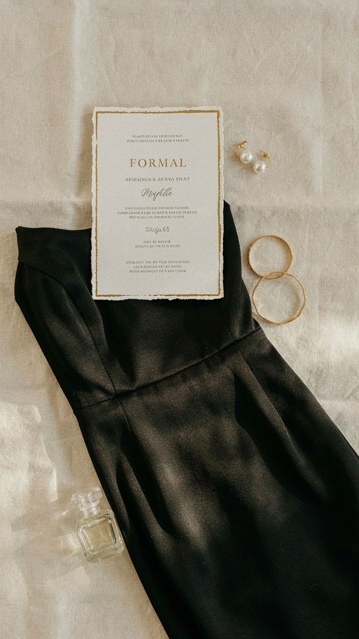 An elegant invitation card next to a black dress and simple accessories.