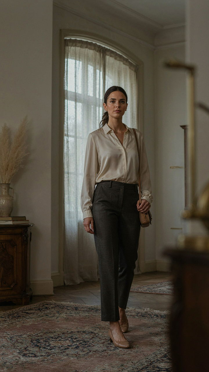 A woman with perfect posture walks confidently through an elegant room.