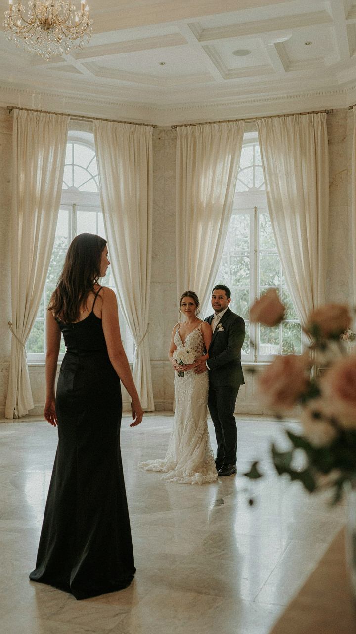 A woman in a black gown stands perpendicular to a couple posing for a photo.