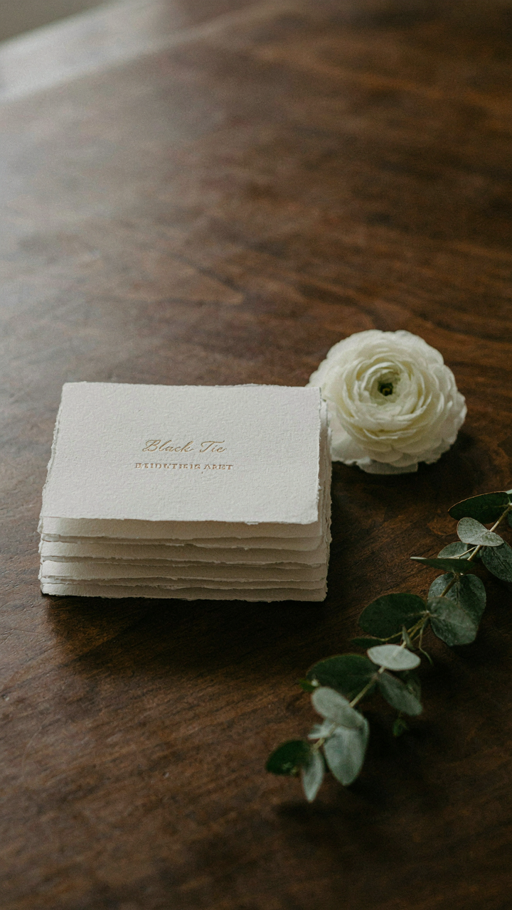 Close-up of a wedding invitation stating Black Tie on a stack of cards.
