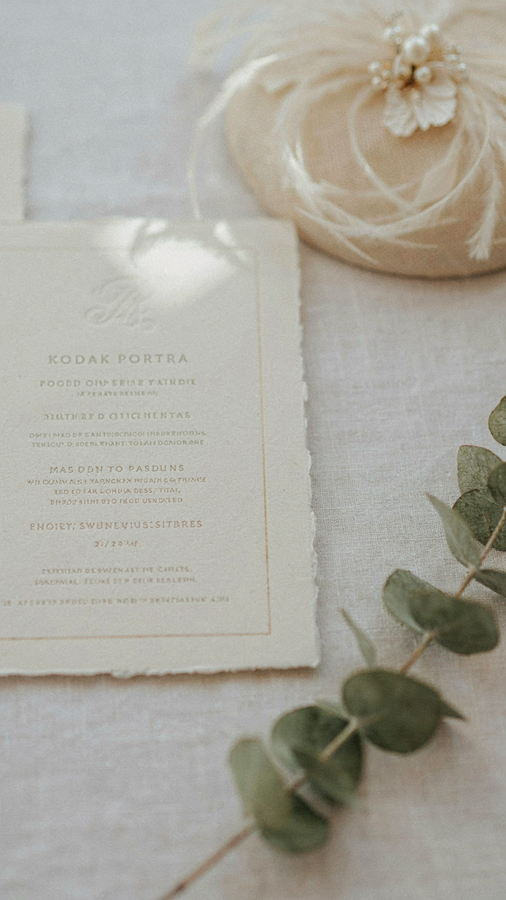 A formal wedding invitation next to a blurred, polished fascinator.