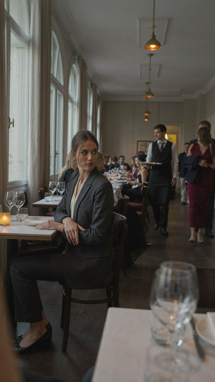 A woman discreetly observes people's attire in an upscale restaurant.