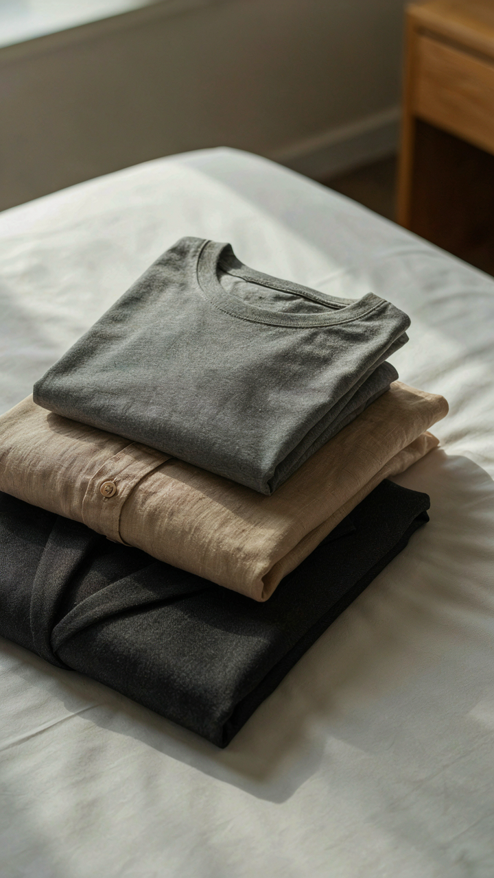 Three neutral clothing items, a blazer, shirt, and tee, on a hotel bed.