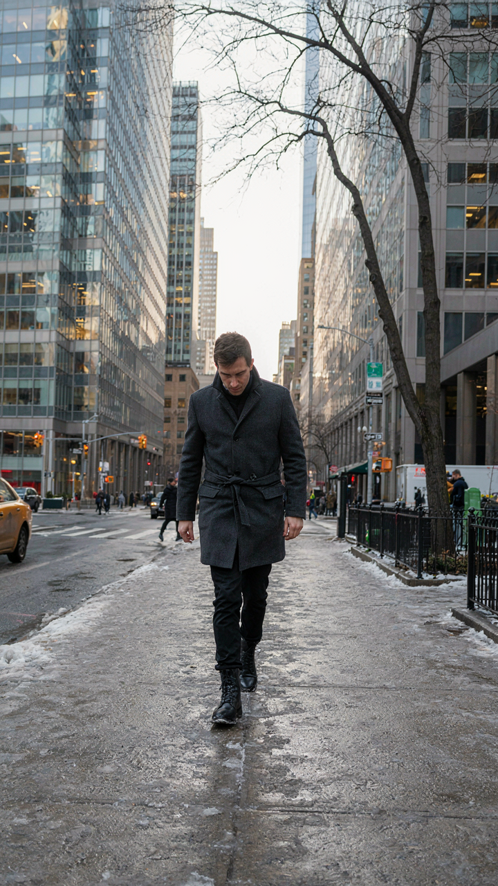 A person wearing winter boots walks carefully on an icy sidewalk in the city.