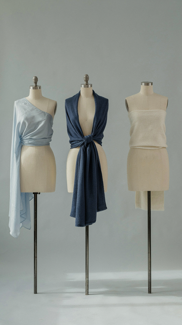 One elegant shawl draped in three distinct styles on a dress form.